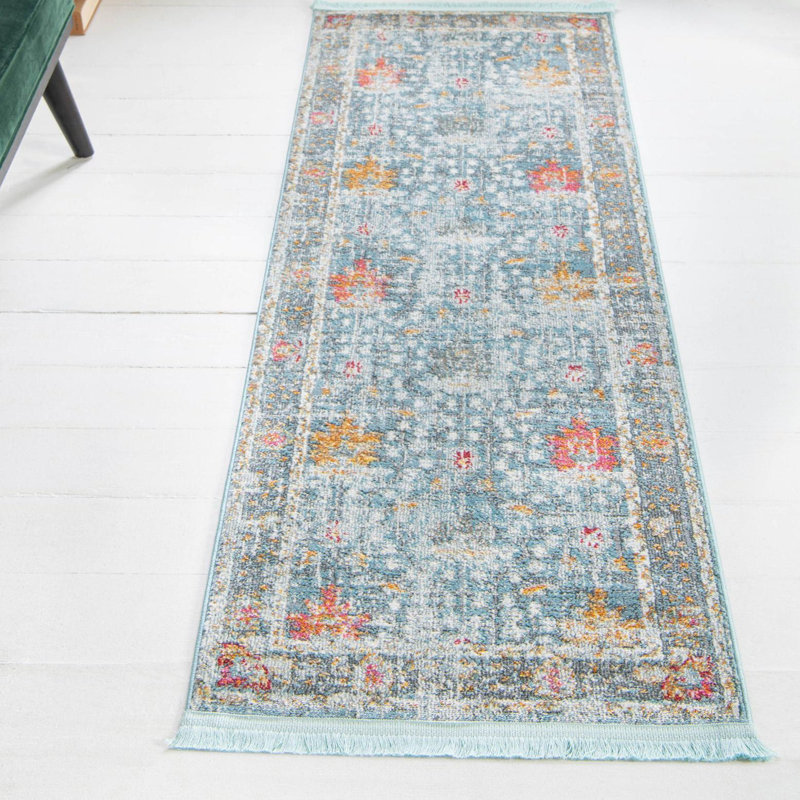 Tapis bleu à motif floral Haefner, Tapis de couloir 2 pi 2 po x 6 pi