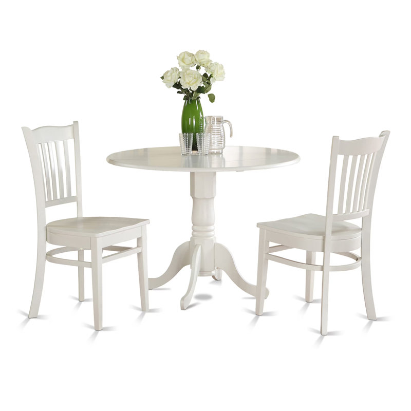 L'ensemble de table de salle à manger 3 pièces pour petits espaces comprend une table de salle à manger ronde avec Dropleaf et 2 chaises en bois, 42 po x 42 po, lin blanc