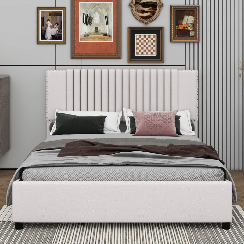 Lit plateforme avec tête de lit rembourrée et 2 tiroirs intégrés, Beige, Grand lit