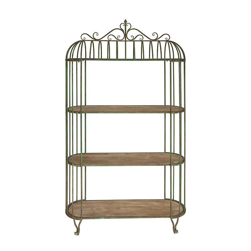 Étagère en fer à trois niveaux 47 x 16,5 x 80 po d'inspiration rétro avec finition verte patinée et tablettes en bois