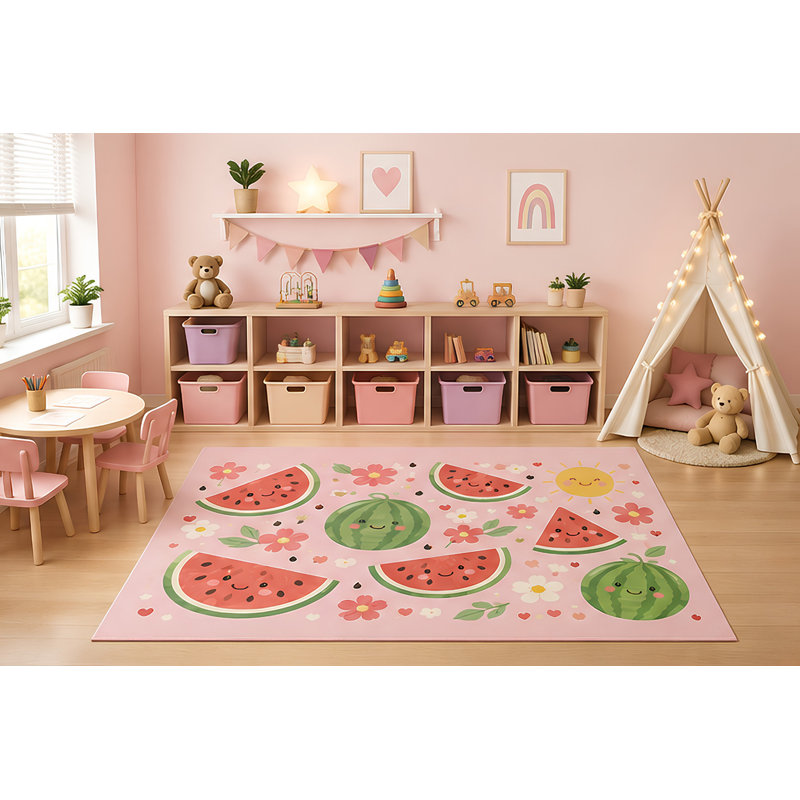 Tapis d'été de style pastèque pour enfants 5 pi x 7 pi «Ultra Léger», tapis de dessin animé pastel à motif floral mignon, envers en silicone antidérapant