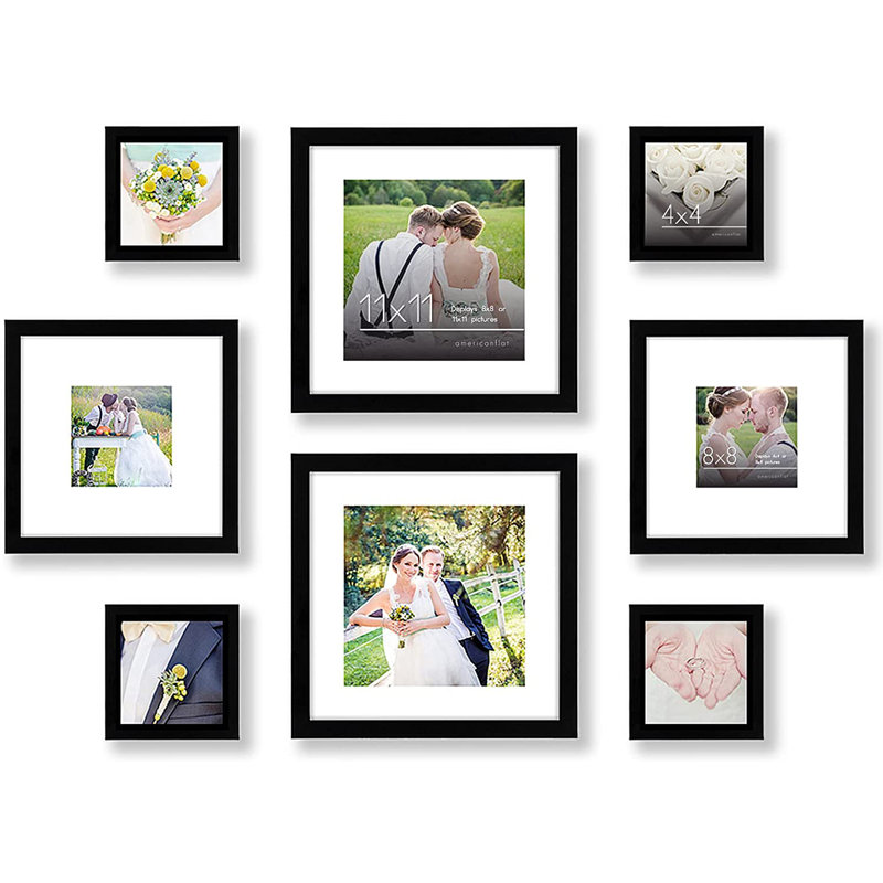 Picture Frame Set, 8 Pieces with Two 11x11, Two 8x8, and Four 4x4, Black