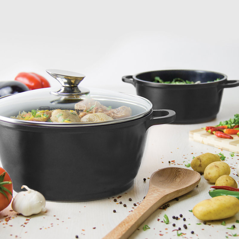 SQ Professional Nea 5 Pieces Aluminium Non-Stick Cookware Set with Glass Lids, Nera (Black)