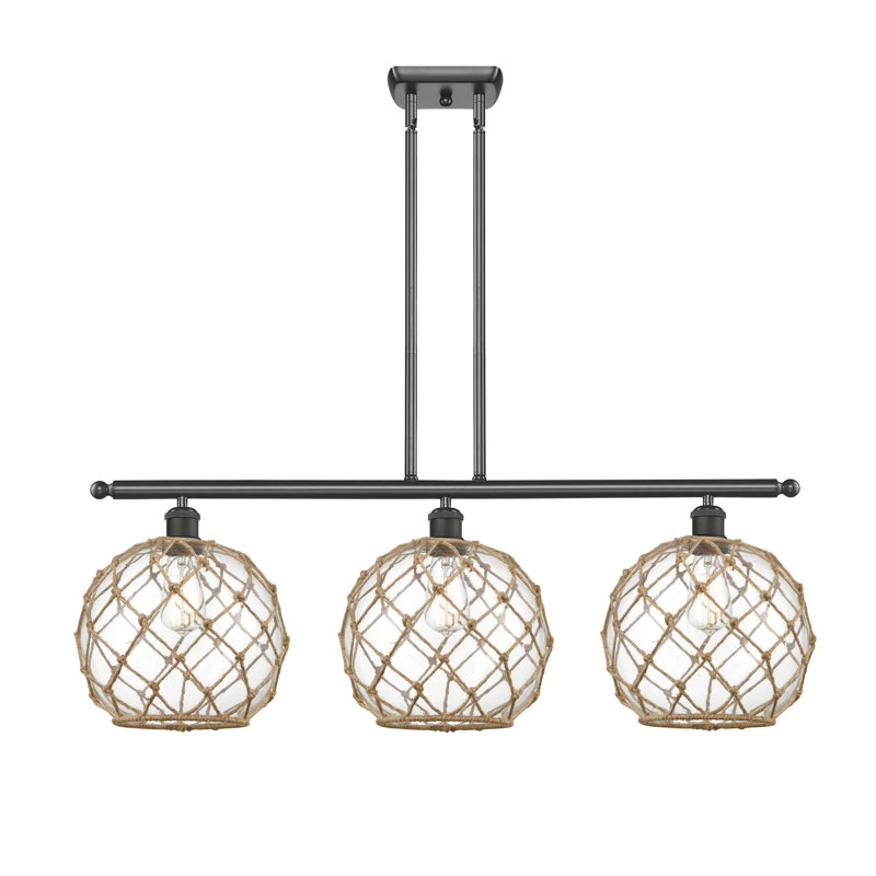 Luminaire suspendu linéaire à 3 lumières pour îlot de cuisine Hilbert, Transparent avec corde brune, Bronze huilé