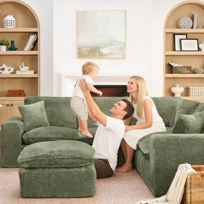 Masir Oversized Modular Sectional Sofa with Movable Ottoman, Comfy Green Boucle Upholstery,2 Throw Pillows Included
