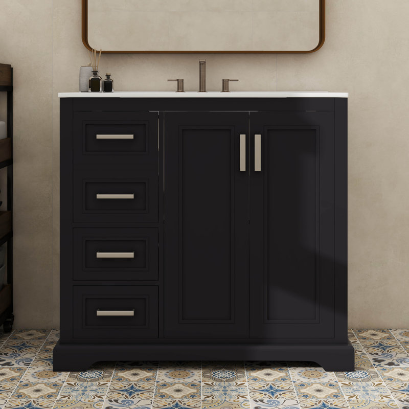 Meuble-lavabo moderne de 36 pouces avec lavabo en céramique, porte à fermeture en douceur, tablette réglable et 3 tiroirs