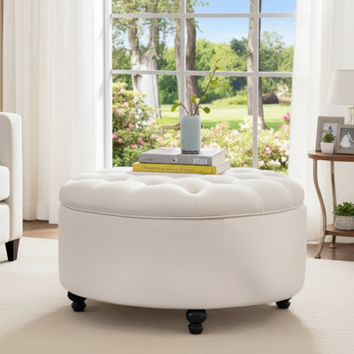 Button-Embellished Tufted Cushioned Storage Footstool (Ivory), Round With Detachable Tabletop. Suitable For Living Room, Bedroom, Or Office Use.