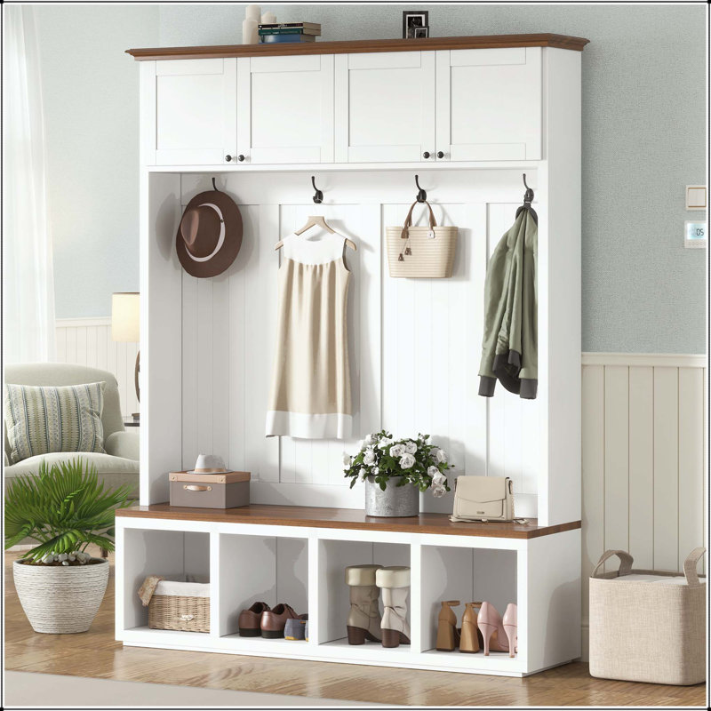 59" Entryway Hall Tree with Bench & Storage, Wood-Grain Accent, White