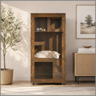 Basia Indoor Rubber Wood Cat Cabinet with Wheels, Ventilated Indoor Cat Condo with Multi-Level Shelves & Lockable Door, Safe & Spacious Cat Enclosure for Home Living, Brown Oak Finish