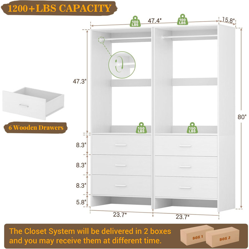 4ft Closet System with Wooden Drawers, White