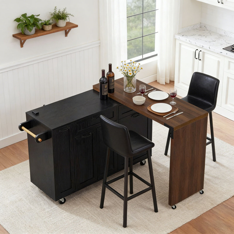 102.3" Kitchen Island with Extendable Dining Table, Kitchen Rolling Island Cart with Trash Storage Cabinet, Black