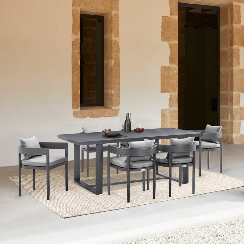 Ceion Outdoor Patio Rectangular Dining Table Set In Aluminum With Gray Cushions, 6