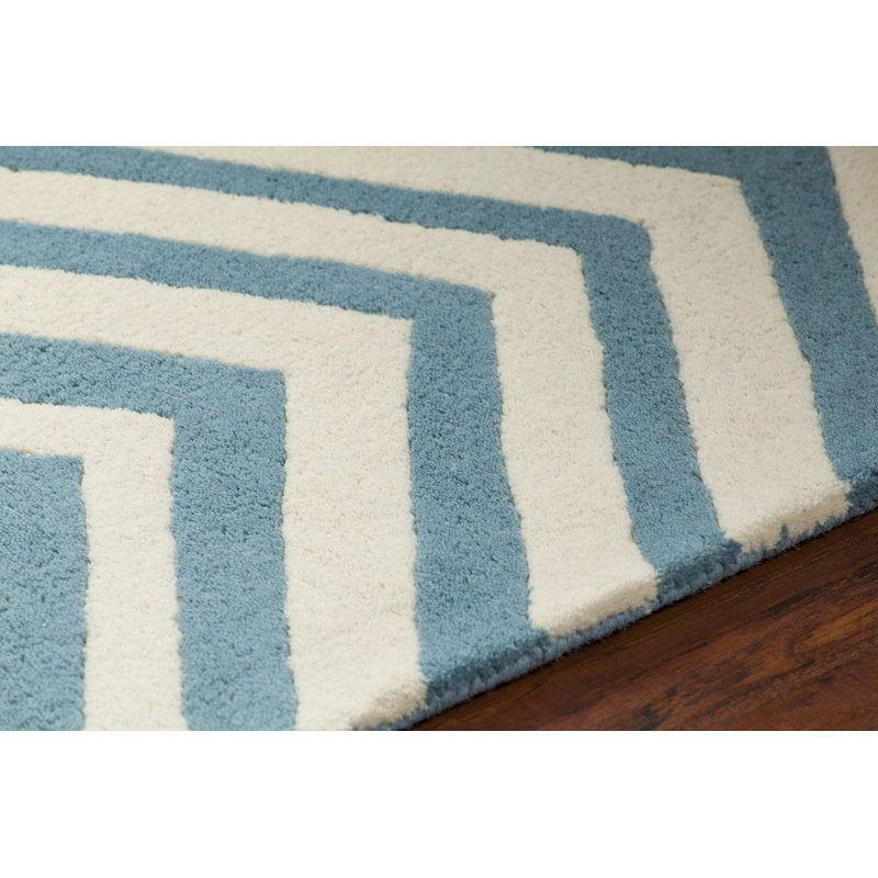 Tapis contemporain en laine touffeté blanc / bleu Davin, Rectangle 5 pi x 7 pi
