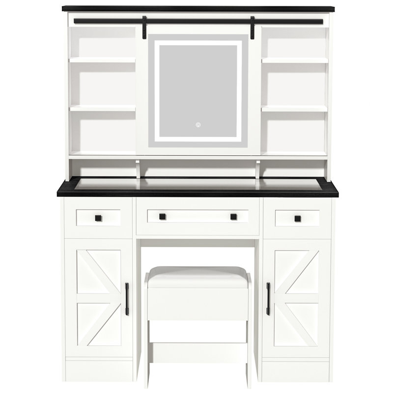 Vanity Desk with Sliding Mirror,Makeup Table Chair Set with 3 LED Light Modes, 3 Drawers, 2 Barns