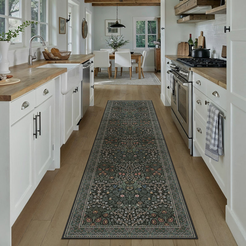 Alora Machine Washable Floral Area Rug With Non-Slip Backing, Runner 2' x 8', Dark Green, 0.28"