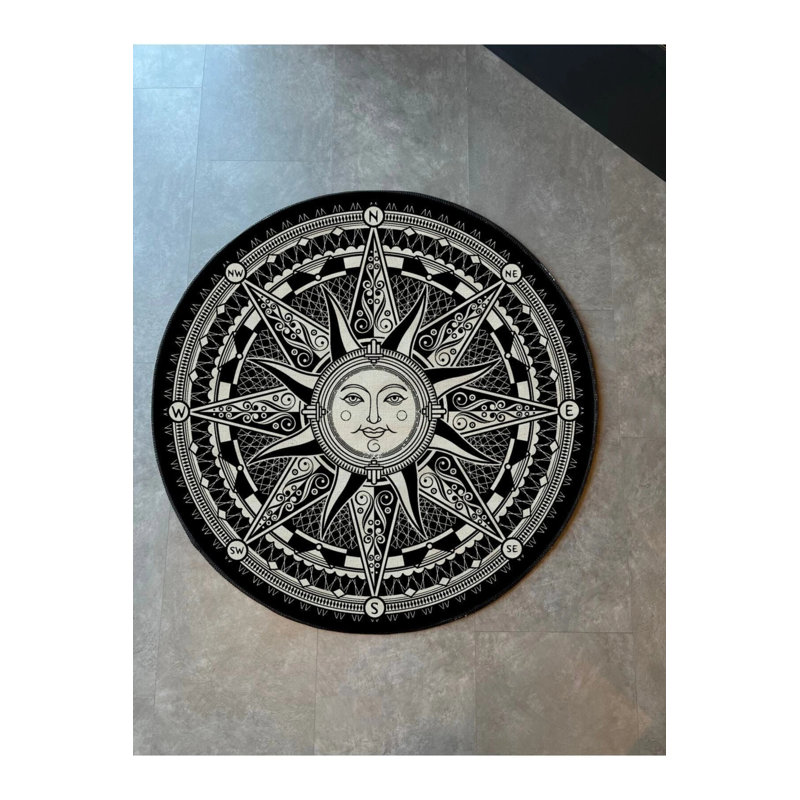 Sun Compass Themed Black And White Round Rug, Round 3'4"