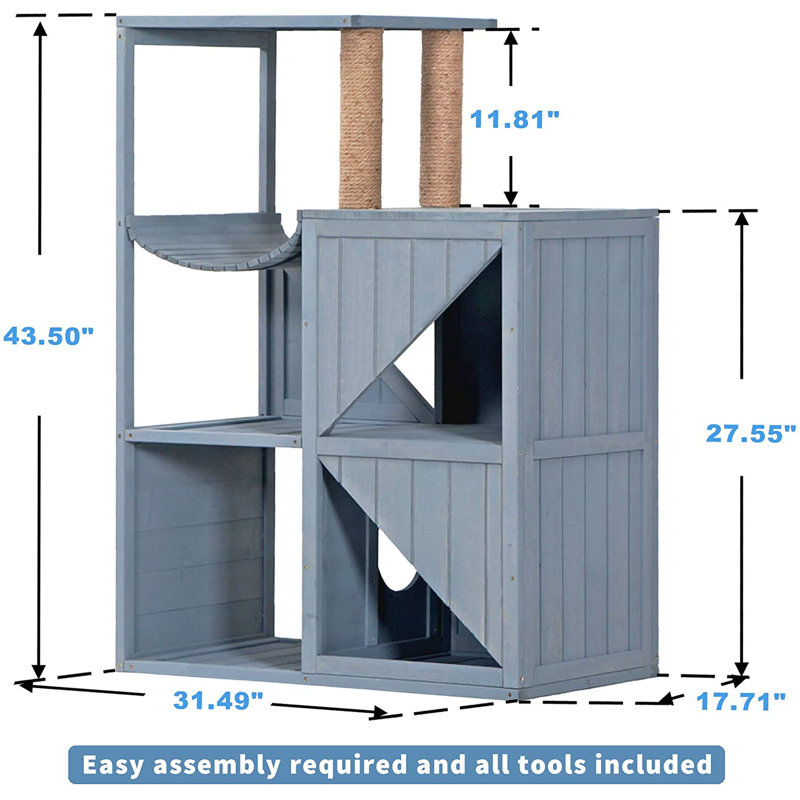 Gray Solid Wood Cat Condo with Sisal Scratchers
