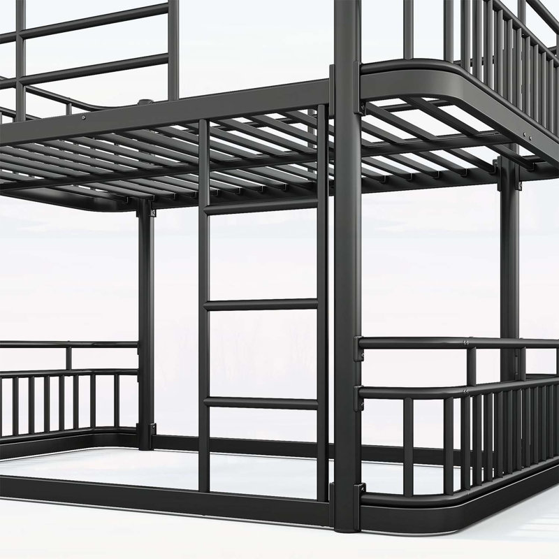 Lit superposé double au-dessus de double avec échelles et garde-corps, structure en métal à tuyaux ronds améliorés, élégant et polyvalent pour toutes les pièces, adolescents et adultes, noir