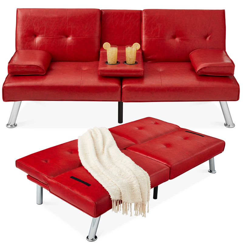 Owlex Modern Convertible Futon Sofa w/ Removable Armrests, 2 Cupholders, Light Red Faux Leather
