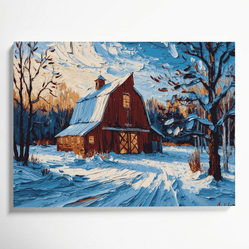 «Christmas Winter Barns», art mural sur toile bleue, H 24 po x l 36 po