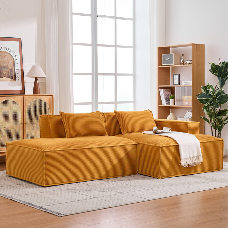 Canapé modulaire en velours côtelé à compression en L 92 po, canapé rembourré doux et désossé moderne avec jeté, aucun assemblage requis pour le salon