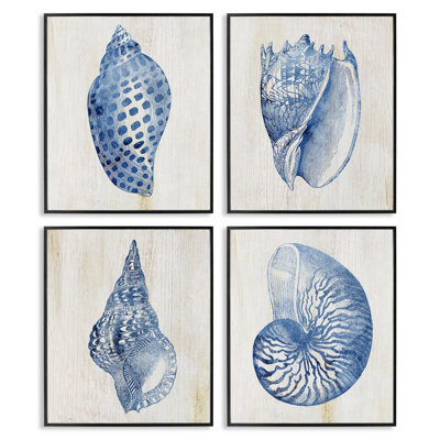 «Blue Seashells on Beige», ensemble de 4 giclées encadrées, design par Susan Arnot