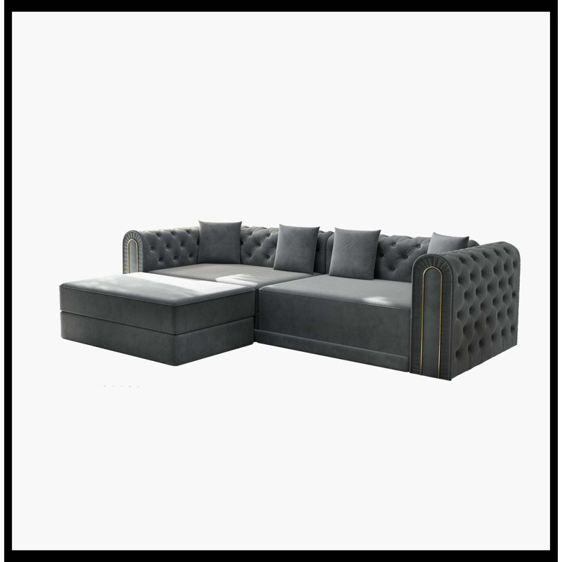 Canapé-lit 90,6 po 3-en-1 convertible, canapé moderne élégant avec capitonnage à boutons et bordure dorée, canapé 3 places avec repose-pieds mobile pour salon, appartement, bureau, chambre à coucher, gris foncé