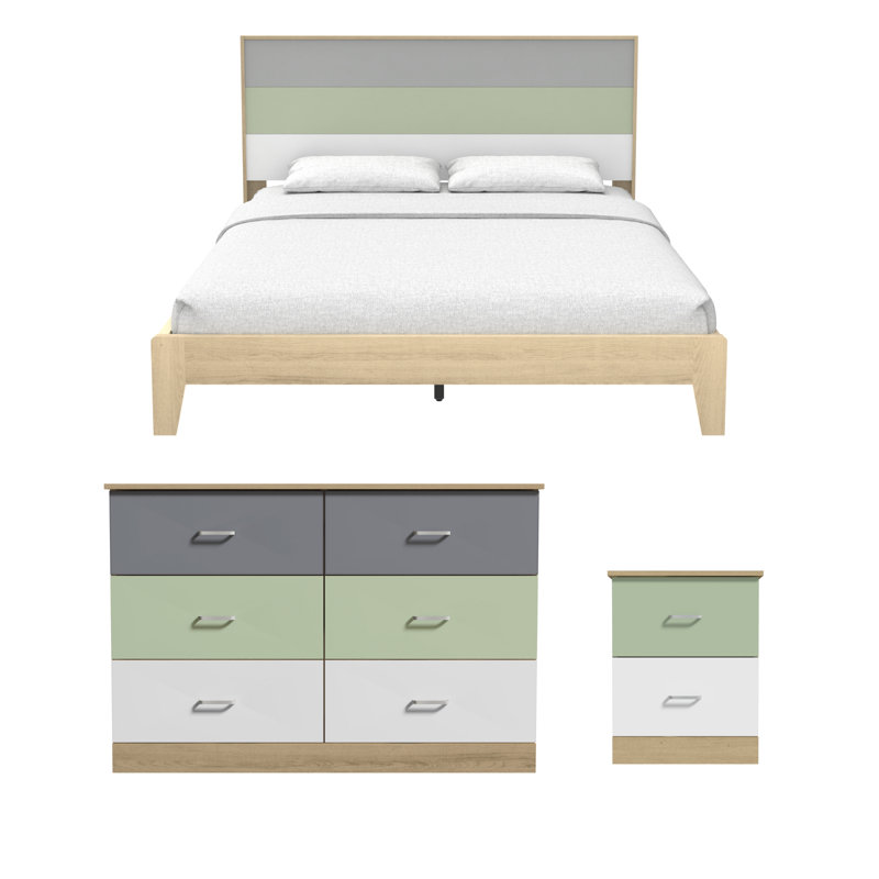 Ensemble de chambre à coucher moderne 3 pièces Allyannah, Chêne d'Oslo, gris froid, vert sauge, blanc, Grand