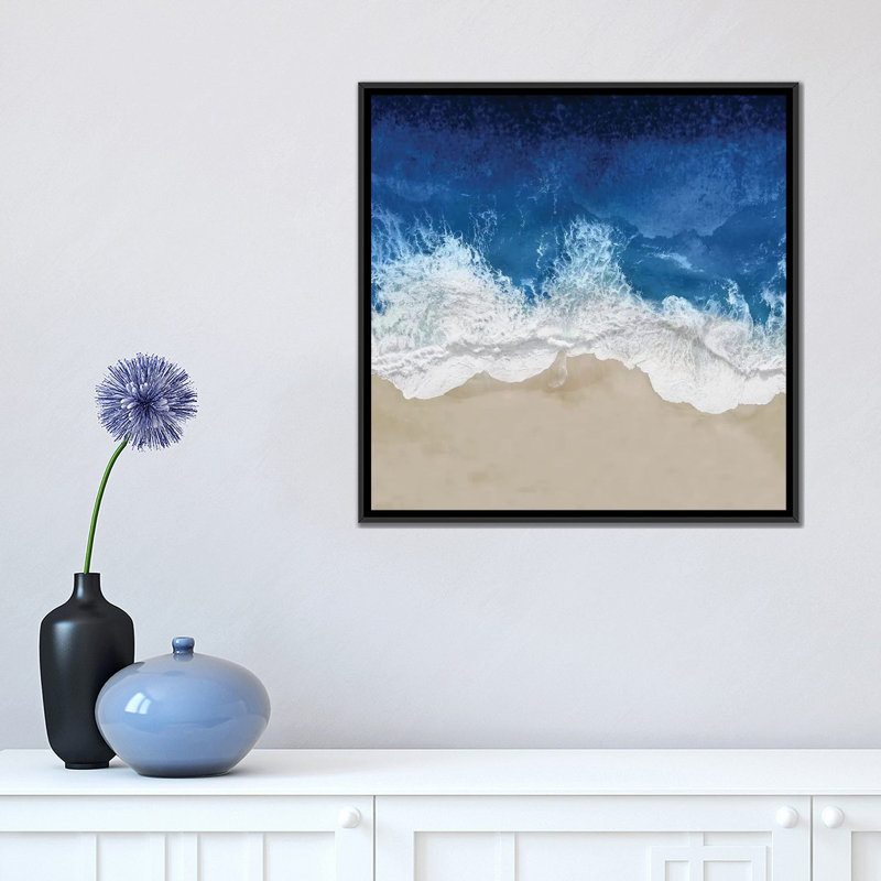 « indigo ocean vagues iv », impression sur toile, H 18 po x l 18 po x P 1,5 po, Toile avec cadre noir, Pas de tapis
