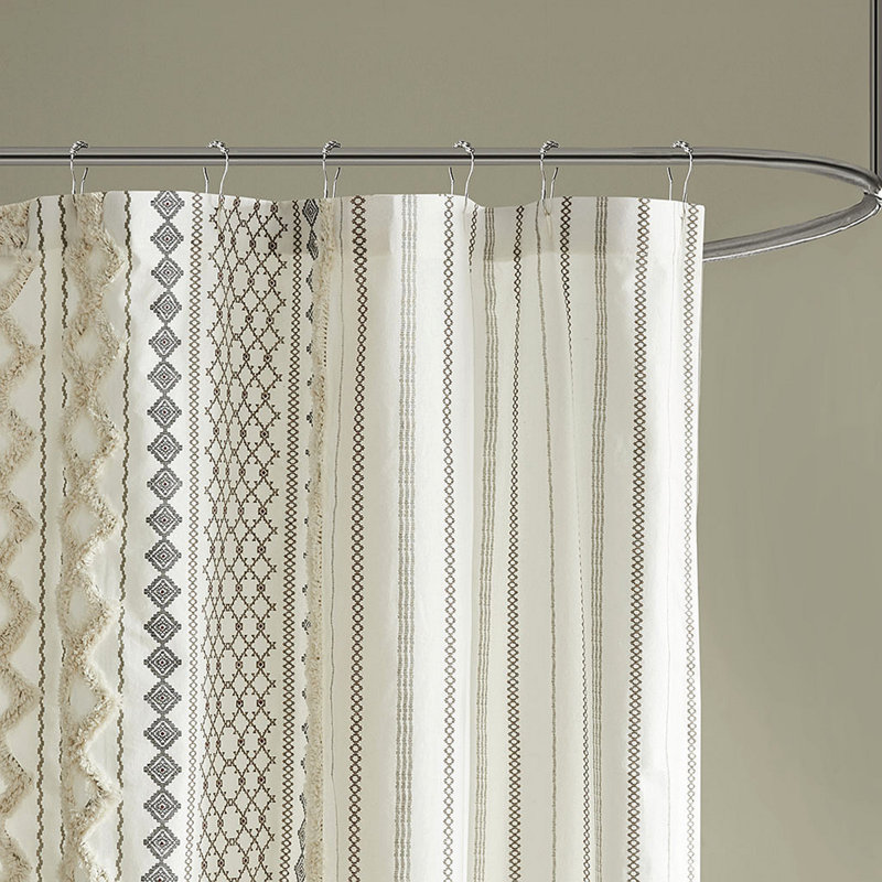 Cotton Printed Shower Curtain With Chenille, Ivory