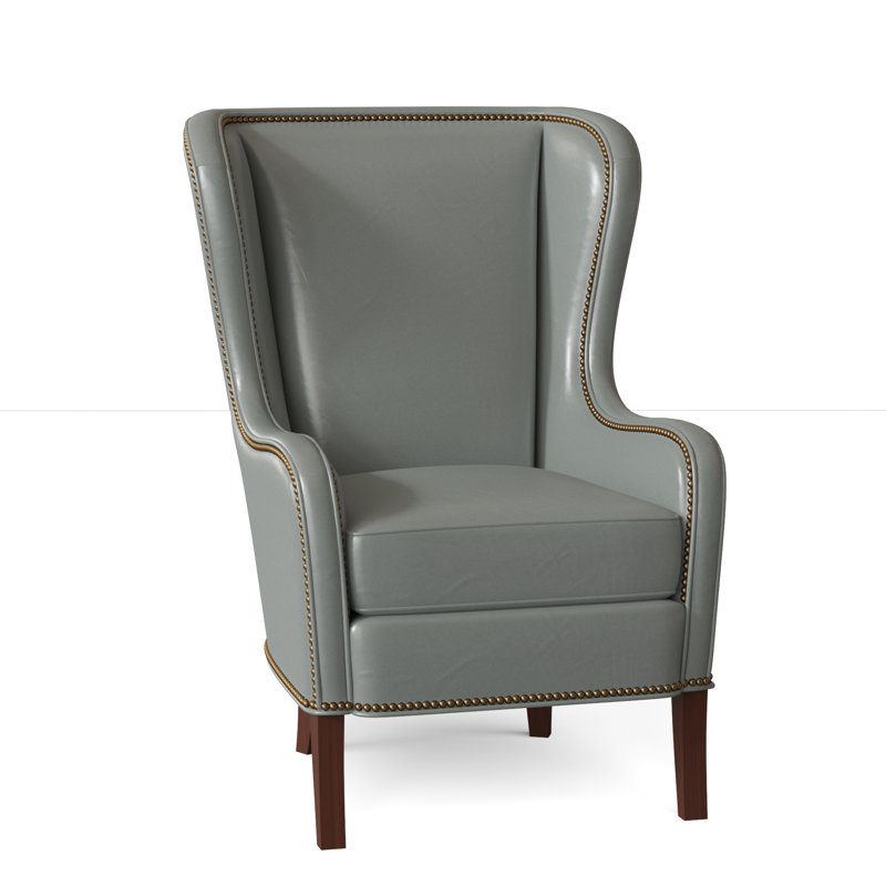 Aurora Wingback Chair, French Natural, Mahogany, Aline Light Gray Stonewash Genuine Leather