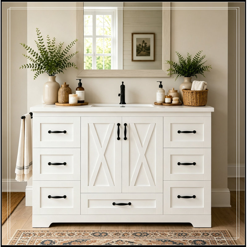 Meuble-lavabo de salle de bain avec lavabo, 7 tiroirs de rangement, tablette réglable et barre à serviettes latérale, Blanc