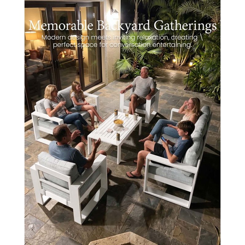 Standalone Product 5 - Person Patio Conversation Set with Cushions, White Frame/Light Gray Cushion
