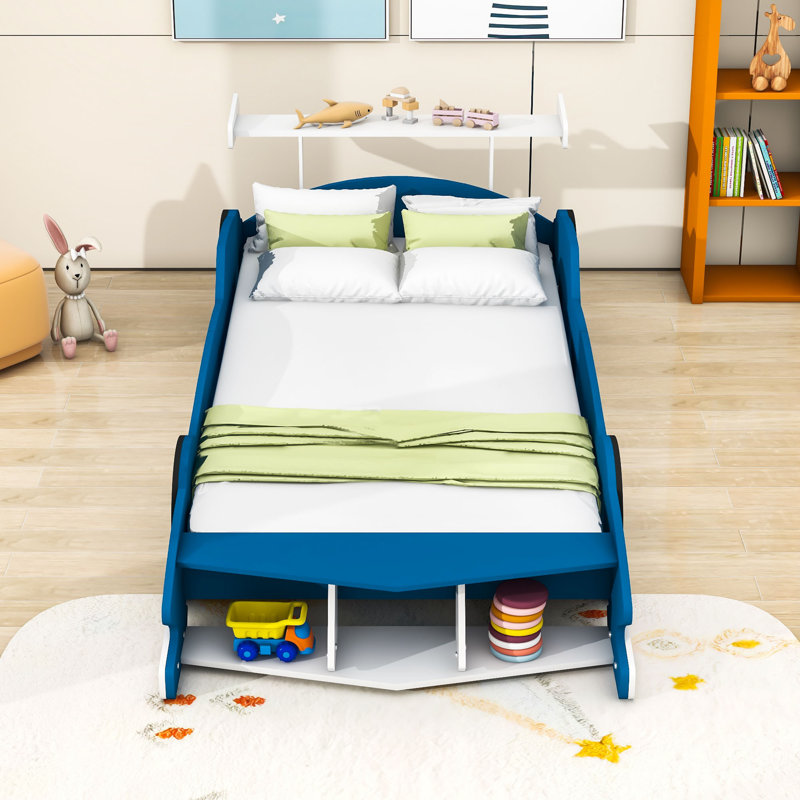 Platform Bed with Guardrails and Wheels, Race Car-Shaped Design, Blue, Twin