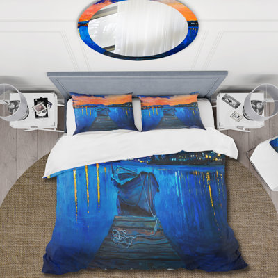 Bateaux qui se reposent sur l'eau pendant le coucher du soleil chaud III - Ensemble de housse de couette nautique - Polyester en microfibre