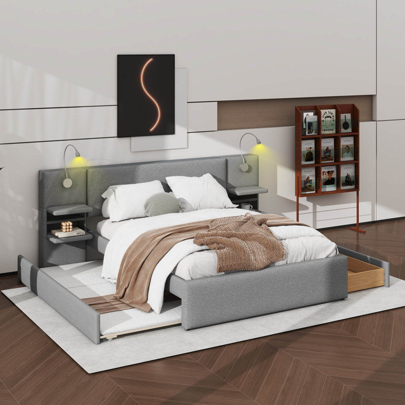 Grand lit plateforme moelleux avec lampes de lecture intégrées, tiroirs, lit gigogne escamotable et tablettes