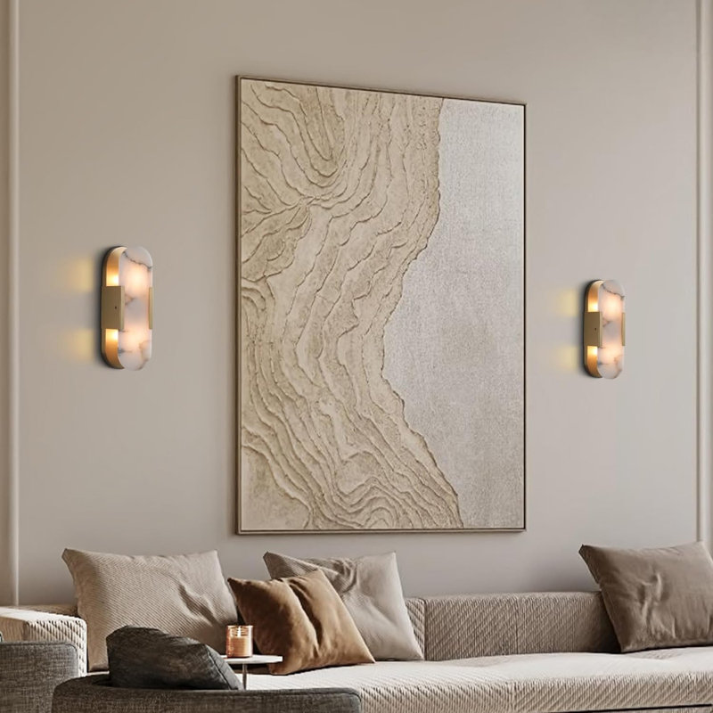 Applique murale 14 po à DEL à intensité variable en nickel poli avec abat-jour albâtre, Laiton, 13.7" H x 4.8" W x 3.4" D