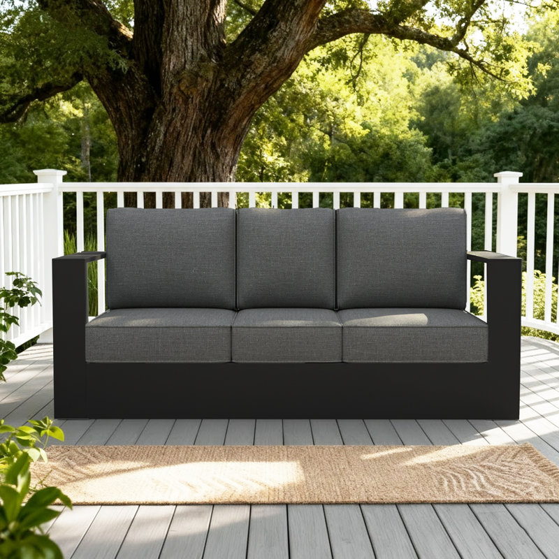 204cm Wide Patio Sofa with Cushions, Dark Grey Cushion/Black Frame