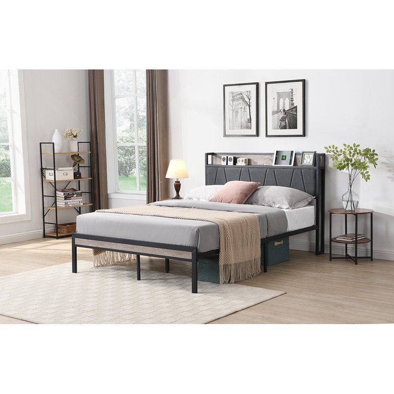 Base de lit plateforme avec tête de lit tapissier et USB