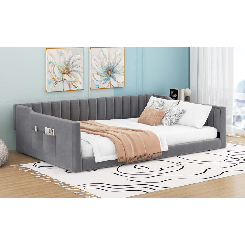 Upholstery Daybed and Side Storage pocket, Gray, Full