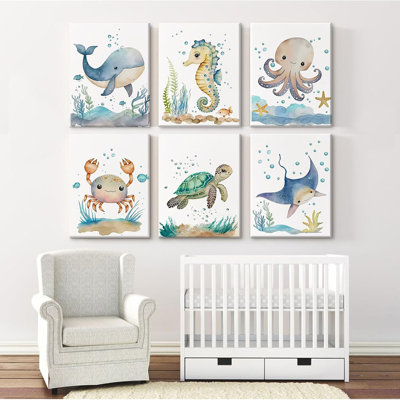 Nursery Sea Animal Wall Decor Set of 6 Ocean Watercolor Canvas Wall Art Baby Boys Room Wall Art Ocean Sea Animal Pictures Kids Girl Art Prints Nursery Artwork for Bedroom 12x16 Inch Framed