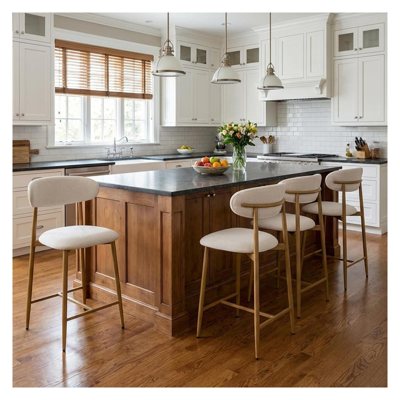 Counter Height Bar Stools Set of 2, Upholstered Modern Barstools with Metal Legs for Kitchen Island Dining Room, Beige Linen Kitchen Counter Stools