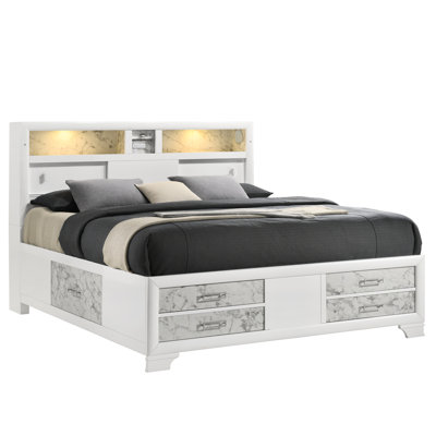 White Wood Queen Bed In Modern Style, Featuring Drawers, Headboard Storage, Built-In Lighting And Speakers For Bedroom Contemporary Design With Lighting, -C Charging, Audio Ambiance
