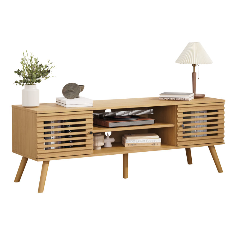 Mid Century Modern Tv Stand For 50/55/60/70 Inch Tv, Tv Media Console With Slatted Doors For Tvs Up To 70", Entertainment Center With Storage For Living Room, Bedroom