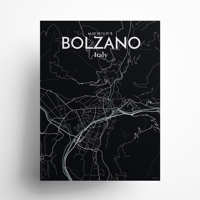 Bolzano City Map In Midnight - No Frame Print, 24cm H x 18cm W x 0.05cm D