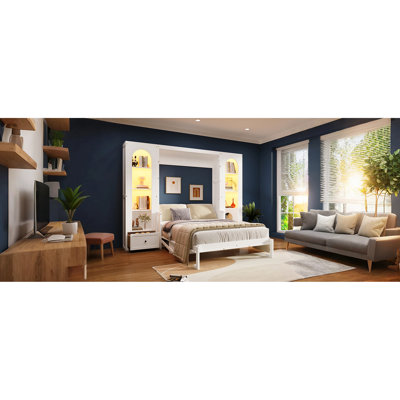 White Queen Bed With Shelf, Side Cabinets, Led And Drawers - Wood Assembly, French Style, Storage Nighttime Illumination Convenience Size Platform Construction Pine , Night Activity Lighting