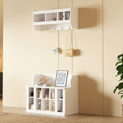 Shoe Storage Bench With Shelves And 4 Hooks, Elegant Hall Tree With Wall Mounted Coat Rack, Entryway Organizer For Hallway, Foyer
