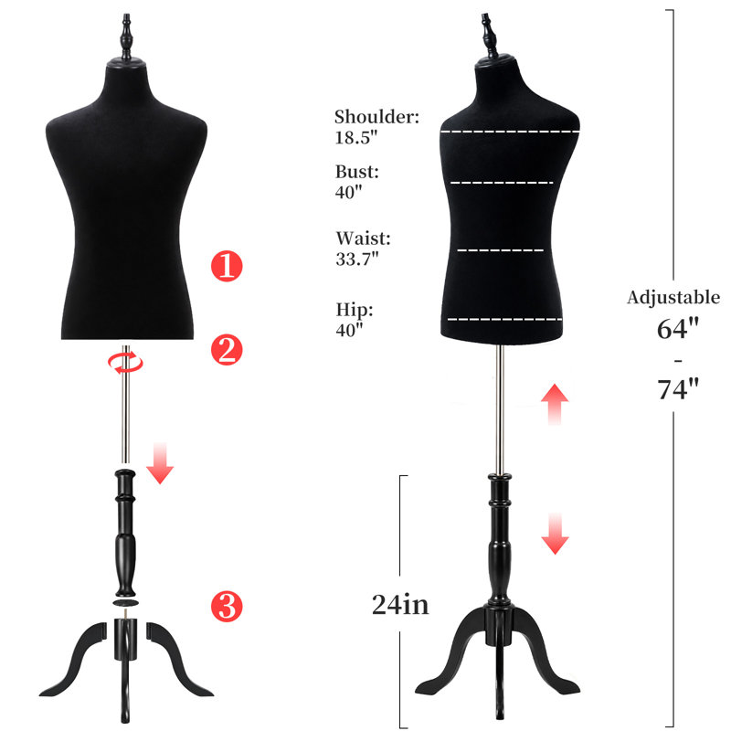Male Mannequin Torso Dress Form, 64‑74 Inch Adjustable Black Foam Manikin Body with Solid Wood Tripod Stand for Men Suit Clothing Display Sewing Tailoring