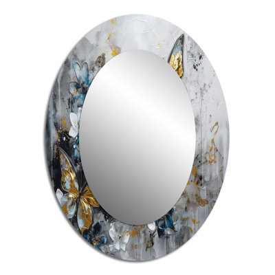 Golden Blue Butterfly Wings And Flowers III - Floral Oval Decorative Mirror On Metal