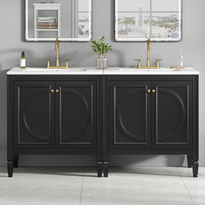 Ensemble de meuble-lavabo double 60 po avec 2 lavabos autoportants de 60 po avec portes en céramique, style rétro